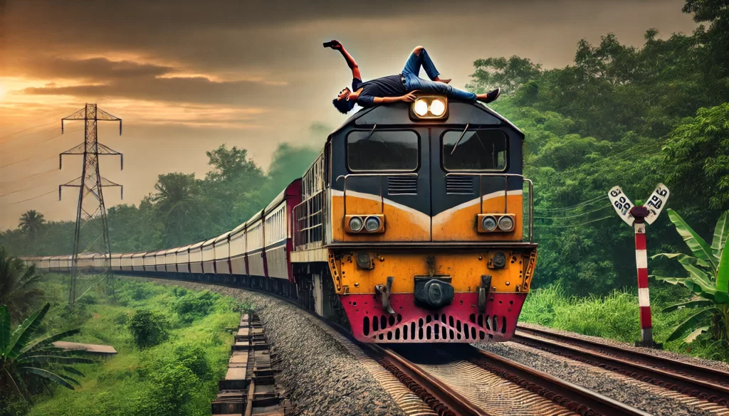 Man Travels on Train Engine Roof Makes Video